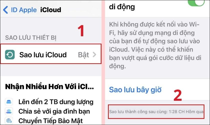 Màn hình Sao lưu iCloud hiển thị thời gian bản sao lưu gần nhất, giúp xác định khả năng khôi phục tin nhắn iPhone