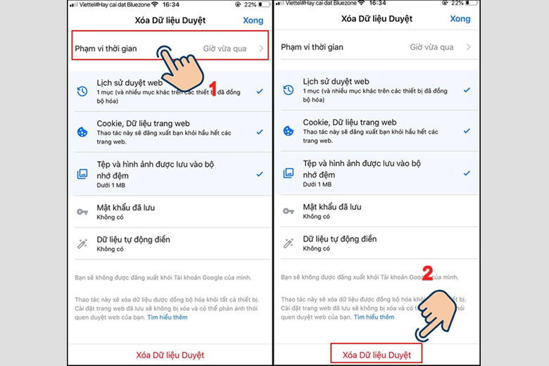 Màn hình tùy chọn phạm vi thời gian xóa dữ liệu duyệt web trong Chrome iOS, đảm bảo việc dọn rác điện thoại triệt để
