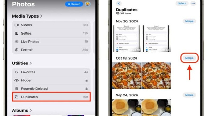Màn hình ứng dụng Ảnh trên iPhone hiển thị mục Ảnh trùng lặp trong phần Tiện ích, giúp người dùng dễ dàng quản lý ảnh.