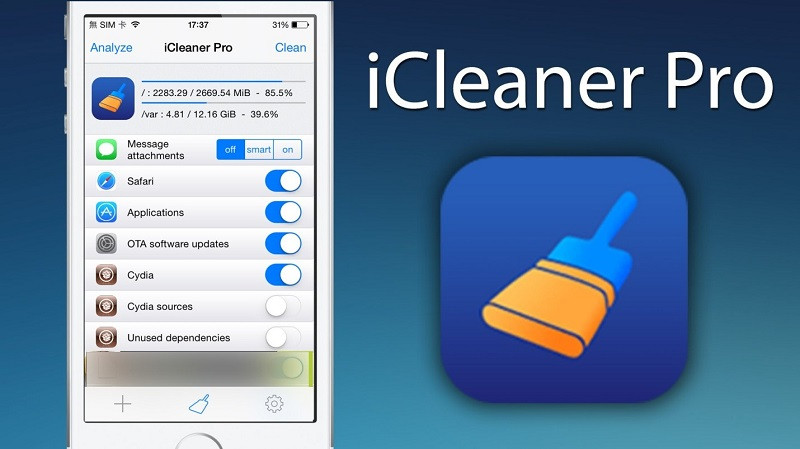 Màn hình ứng dụng iCleaner Pro trên iPhone, minh họa khả năng quét và xóa tập tin rác, tối ưu hệ thống