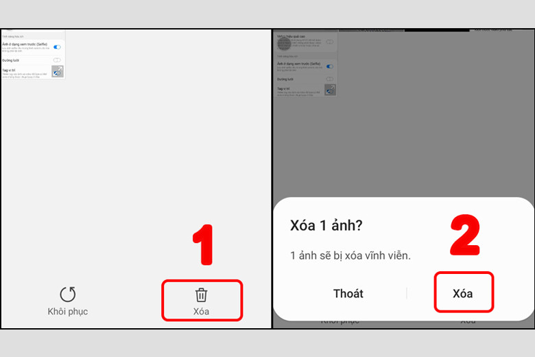 Màn hình xác nhận xóa vĩnh viễn ảnh và video từ thùng rác điện thoại để giải phóng dung lượng