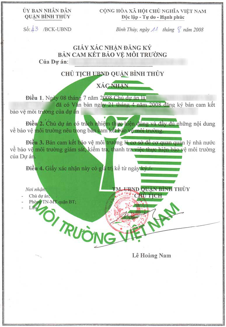 Mẫu giấy xác nhận bản cam kết bảo vệ môi trường từ cơ quan nhà nước
