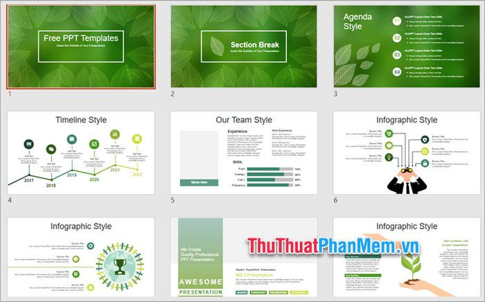 Mẫu PowerPoint chủ đề bảo vệ môi trường với thiết kế slide lá cây xanh tươi mát, truyền cảm hứng sống