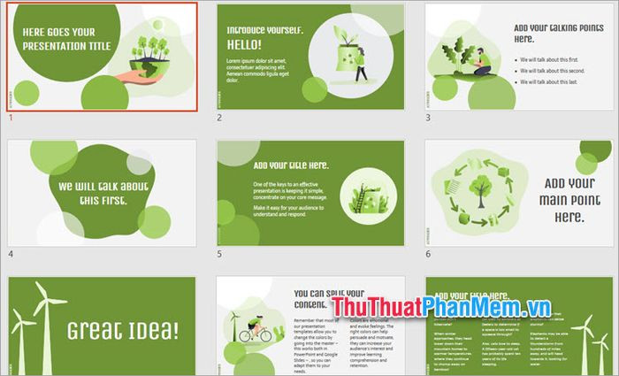 Mẫu PowerPoint về hành tinh xanh và tương lai bền vững, với thiết kế slide ấn tượng
