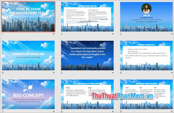 Mẫu PowerPoint về không khí sạch cho tương lai, với hình nền xanh trong lành