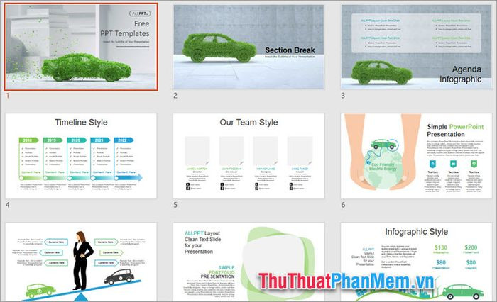 Mẫu PowerPoint về năng lượng xanh ứng dụng trong giao thông ô tô, biểu tượng cho xu hướng bền vững
