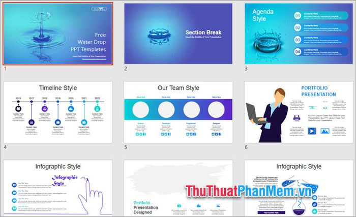 Mẫu PowerPoint về nguồn nước tinh khiết và môi trường, với thiết kế nền giọt nước ý nghĩa