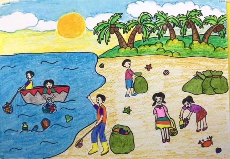 Mẫu tranh vẽ bảo vệ môi trường biển với hình ảnh con người và sinh vật biển cùng chung sống hòa bình trong làn nước trong xanh