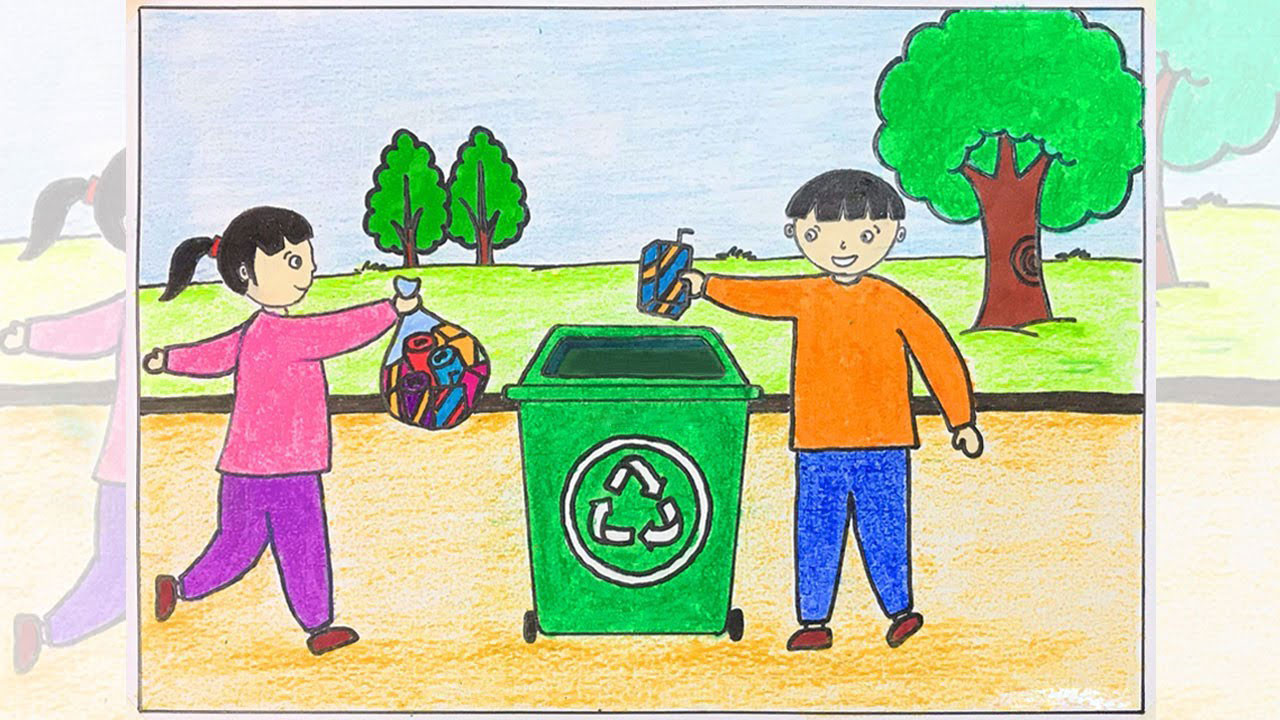 Mẫu tranh vẽ về việc dọn dẹp và tái chế rác thải, thể hiện ý thức môi trường