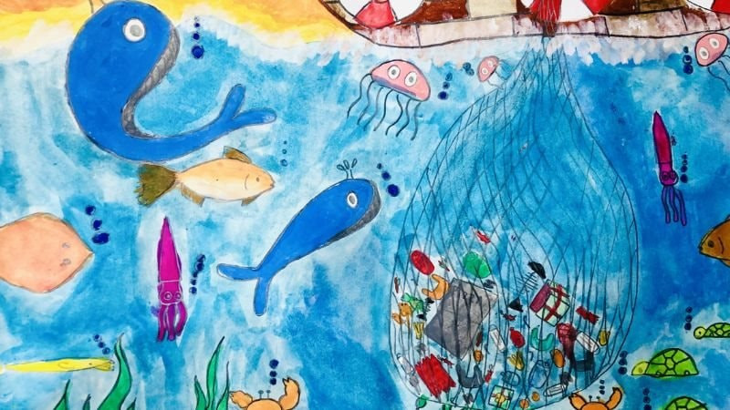 Mẫu vẽ tranh bảo vệ môi trường nước, tập trung vào việc làm sạch bãi biển