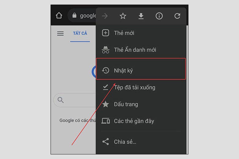 Menu tùy chọn của Chrome trên Android, chọn mục "Nhật ký" để xem và xóa lịch sử duyệt web