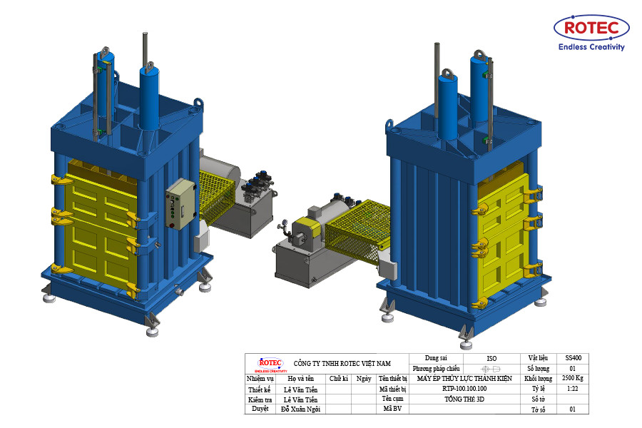 Mô hình bản vẽ 3D minh họa cấu trúc máy ép rác kiện đứng