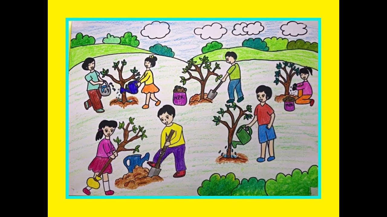 Một bạn nhỏ đang chăm sóc cây xanh, phía sau là những hàng cây non đang phát triển, tạo nên bức tranh vẽ bảo vệ môi trường về trồng rừng