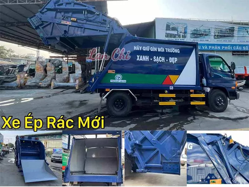 Một chiếc xe ép rác mới, hiện đại đang hoạt động hiệu quả trong một khu dân cư, thể hiện công nghệ tiên tiến