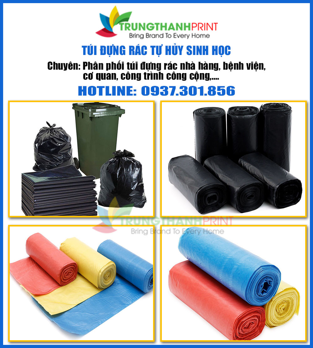Một dãy các bịch đựng rác đa sắc màu, mỗi màu sắc đại diện cho một loại rác thải cần phân loại