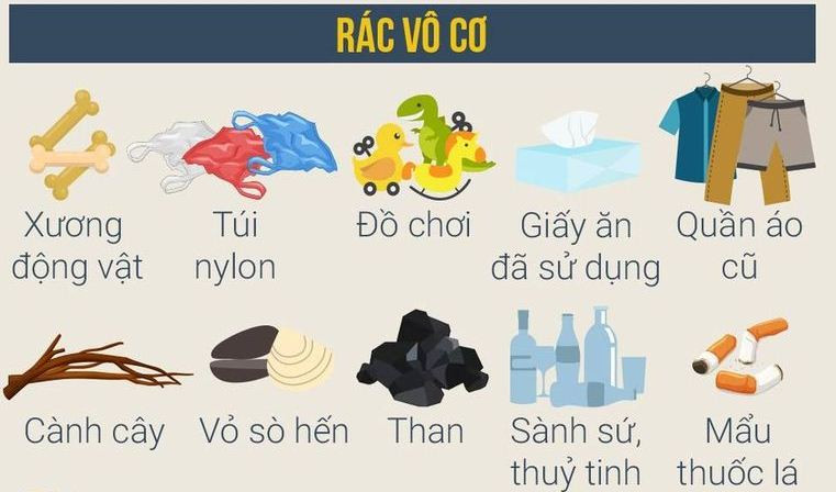 Một thùng rác chứa các loại rác thải vô cơ như gốm sứ vỡ, hộp xốp và các vật liệu không thể tái chế hay phân hủy, cho thấy sự cần thiết của việc xử lý đặc biệt.