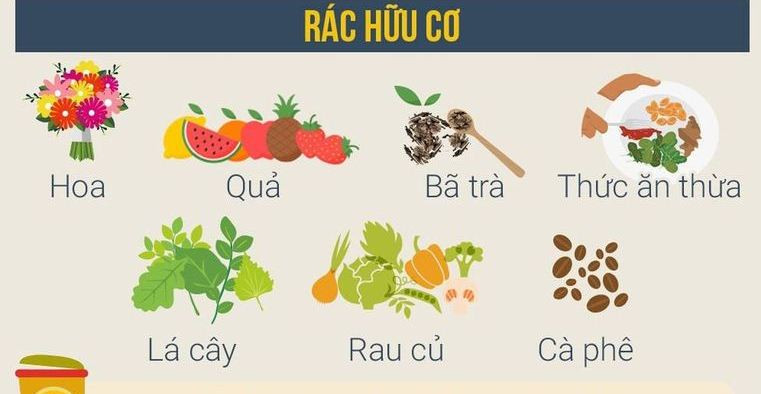Một thùng rác màu xanh lá cây chứa đầy rác thải hữu cơ như vỏ trái cây, rau củ và thức ăn thừa, thể hiện sự dễ dàng phân hủy và tiềm năng tái chế của chúng thành phân bón hữu cơ.