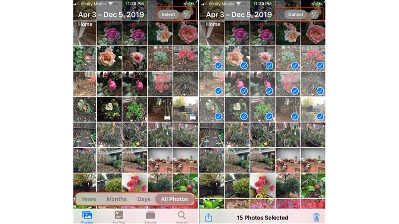 Người dùng đang chọn nhiều ảnh trên ứng dụng Ảnh của iPhone để tiến hành xóa.