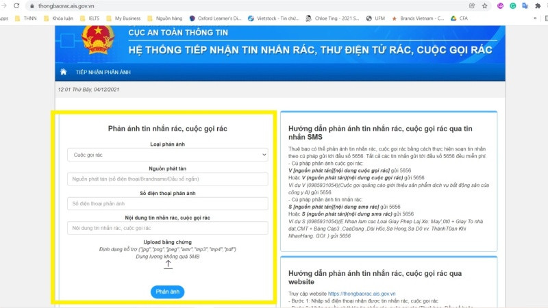 Người dùng điền thông tin chi tiết để phản ánh tin nhắn rác và cuộc gọi rác