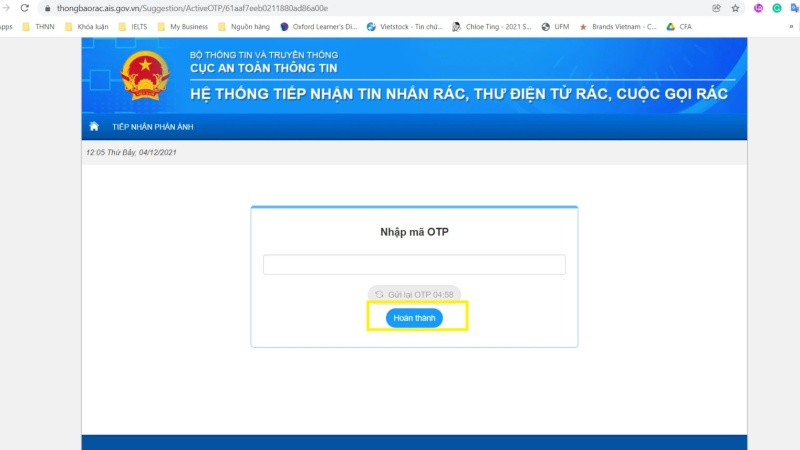 Người dùng nhập mã OTP để hoàn tất quá trình phản ánh tin nhắn rác và cuộc gọi rác