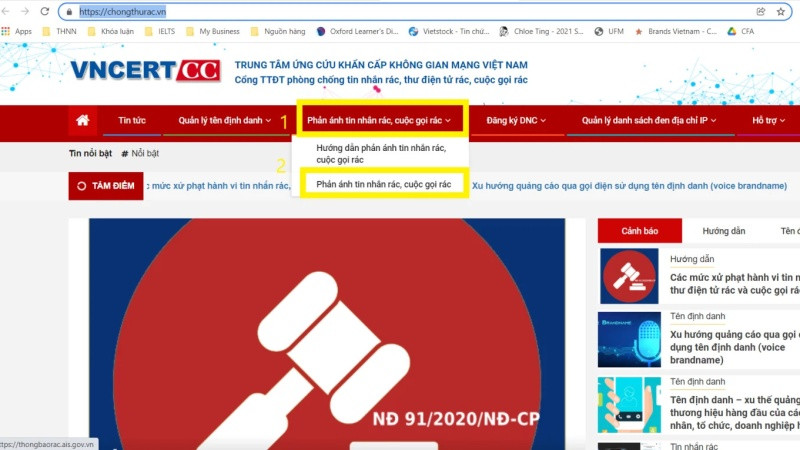 Người dùng truy cập trang web chongthurac.vn để phản ánh thông báo rác trên điện thoại