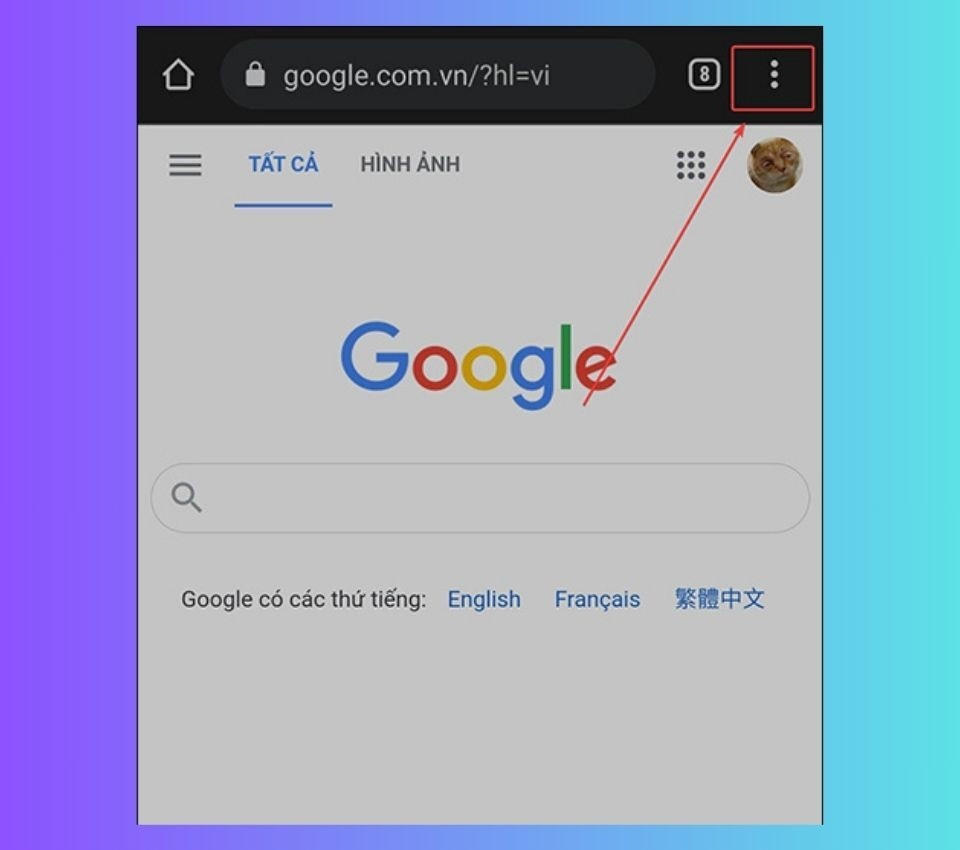 Nhấn chọn biểu tượng ba chấm để mở menu cài đặt của Chrome trên Android