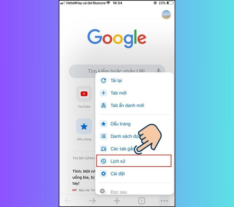 Nhấn chọn “Lịch sử” trong menu Chrome iOS để xem và quản lý các trang web đã truy cập