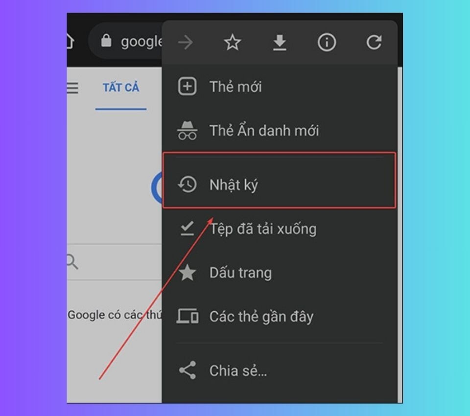 Nhấn chọn mục “Nhật ký” trong menu Chrome để xem lịch sử duyệt web