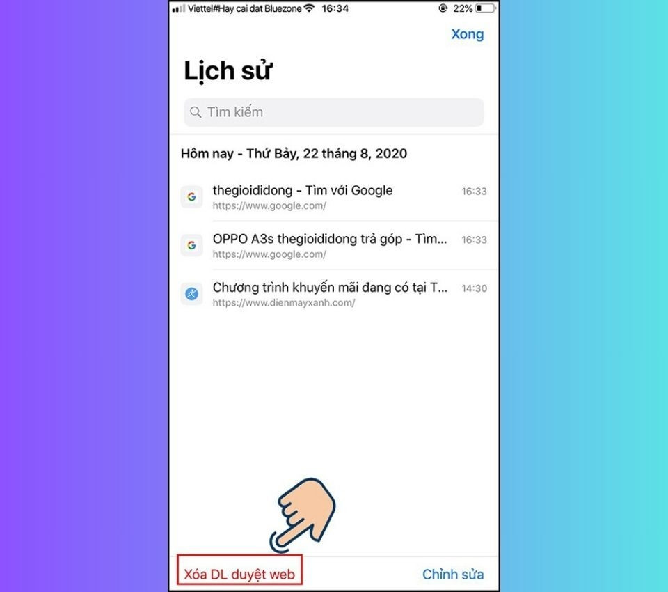 Nhấn chọn mục “Xóa DL duyệt web” trên Chrome iOS để bắt đầu dọn dẹp dữ liệu trình duyệt