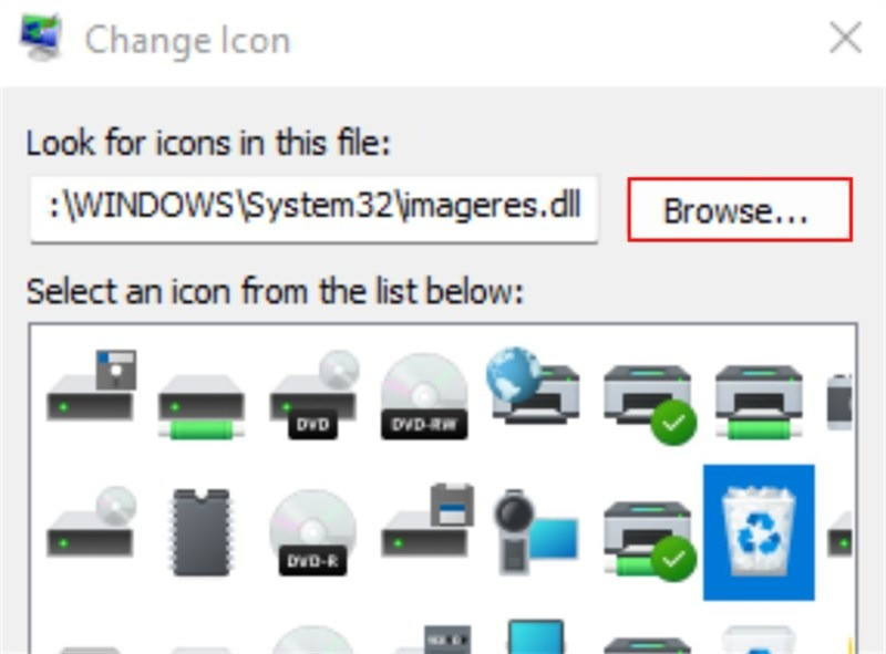 Nhấp Browse để tìm thùng rác icon tùy chỉnh