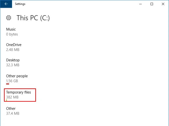 Nhấp vào Temporary files để xem các tệp tạm thời
