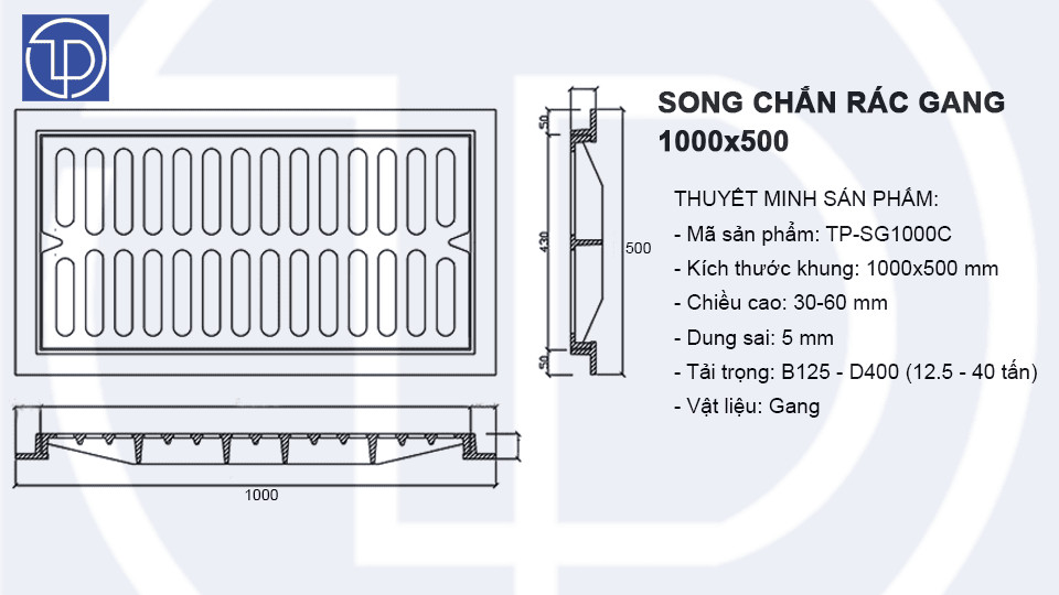 Phác thảo kỹ thuật song chắn rác gang lắp đặt trong rãnh thoát nước