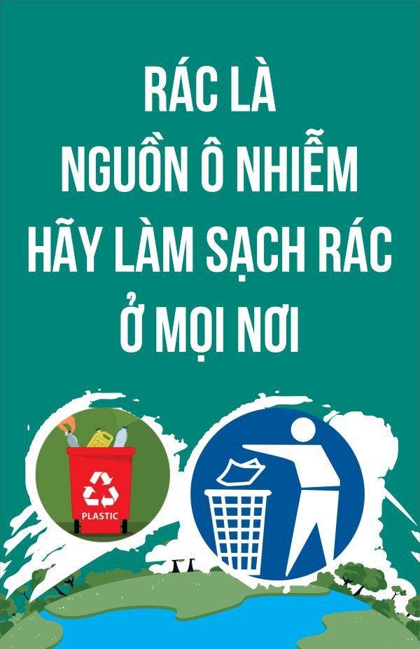 Poster tuyên truyền bảo vệ môi trường sống với hình ảnh các hoạt động xanh như trồng cây, tái chế, đi xe đạp, khuyến khích lối sống bền vững