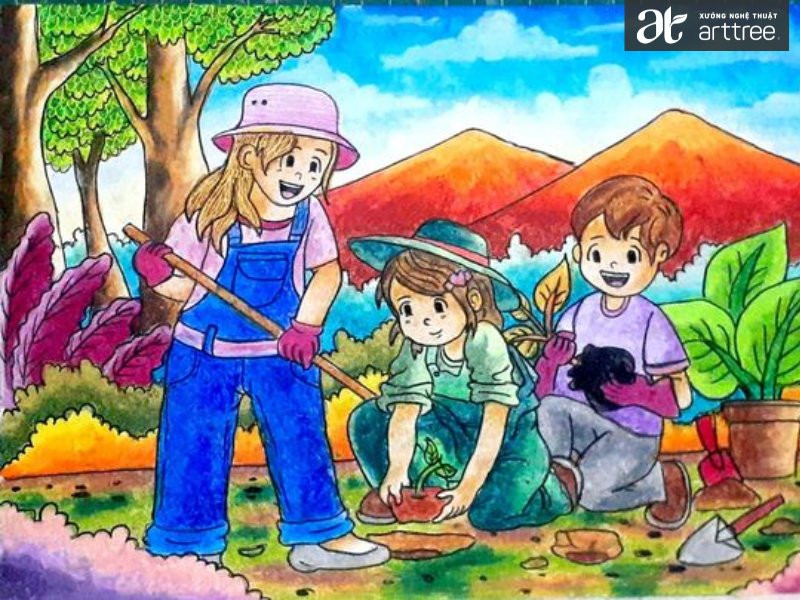 Sự phong phú trong tranh vẽ học sinh bảo vệ môi trường, phản ánh ý thức cộng đồng