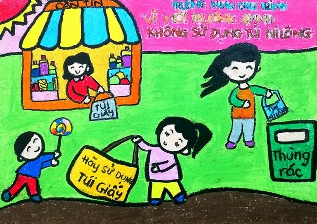 Tác phẩm của học sinh trường TH Phan Chu Trinh, TP. HCM, minh họa tác hại của nhựa đến động vật biển
