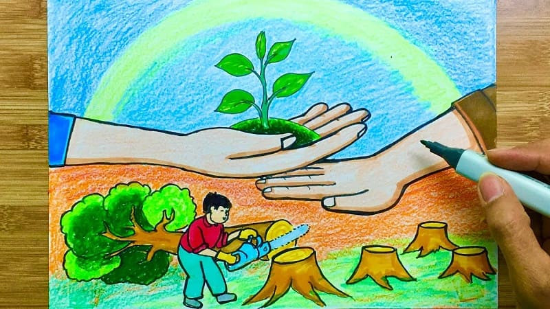 Tác phẩm tranh vẽ bảo vệ môi trường đẹp của học sinh với thông điệp về sự hài hòa giữa con người và thiên nhiên.