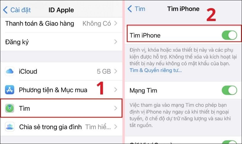 Tắt tính năng "Tìm iPhone" trong cài đặt ID Apple trước khi sử dụng iTunes để khôi phục