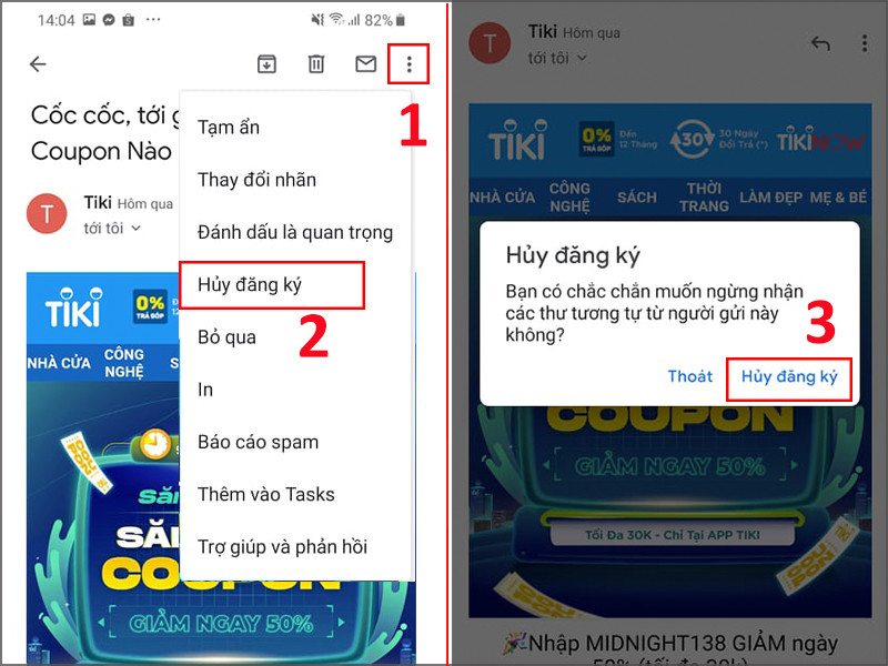 Thao tác hủy đăng ký nhận bản tin để chặn mail quảng cáo