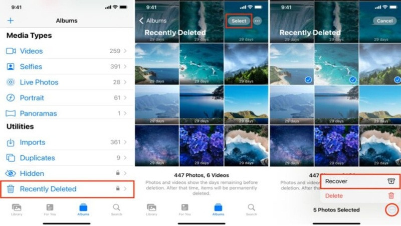 Thao tác khôi phục ảnh và video từ album Đã xóa gần đây trên ứng dụng Ảnh của iPhone.