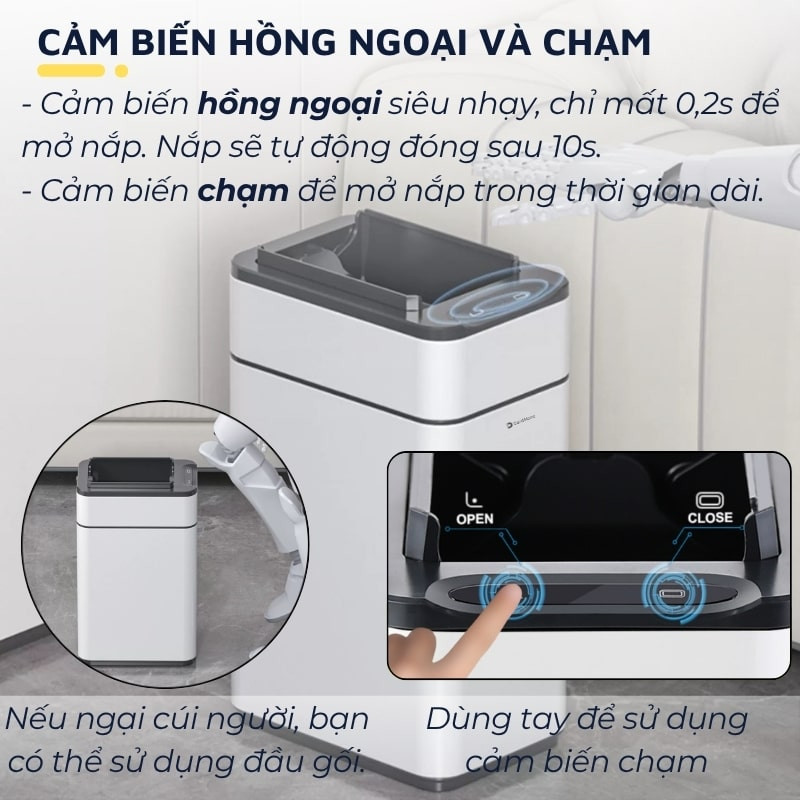 Thiết kế chất liệu inox cao cấp của thùng rác thông minh DandiHome, dễ dàng vệ sinh và bền bỉ theo thời gian.