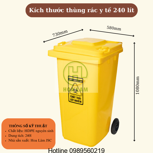 Thông số kỹ thuật của thùng rác y tế 240 lít