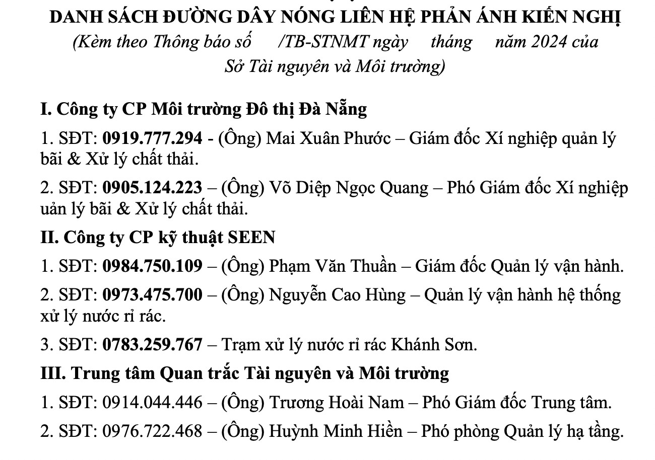 Thông tin liên hệ đường dây nóng của các đơn vị quản lý, tiếp nhận phản ánh từ người dân về mùi hôi từ bãi rác Khánh Sơn.