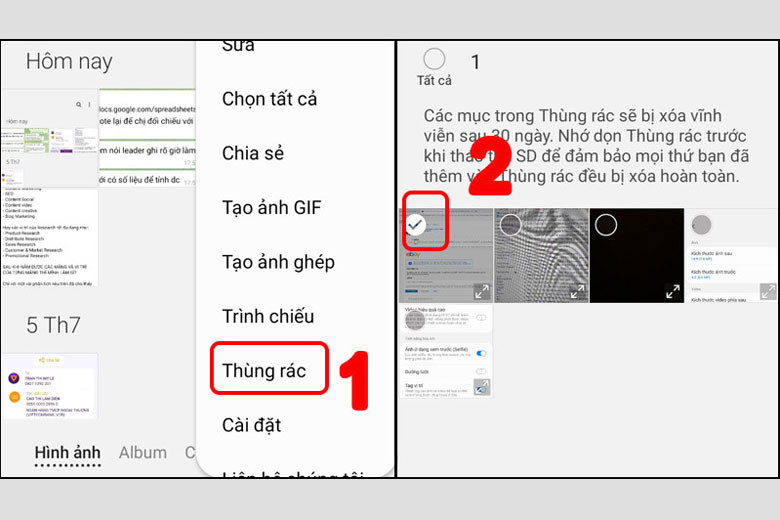 Thư viện ảnh trên điện thoại, truy cập Thùng rác để chọn các tệp ảnh và video cần dọn dẹp