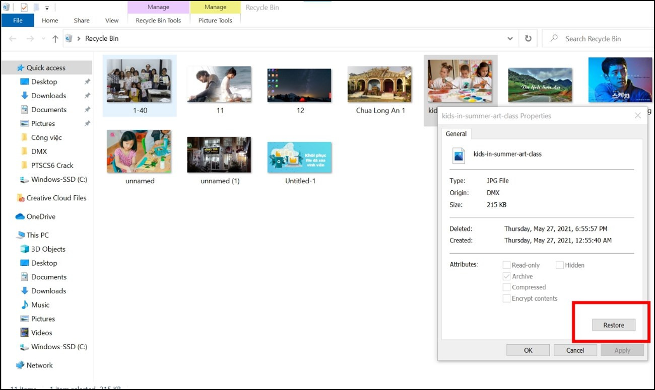 Thực hiện thao tác Restore (khôi phục) thư đã xóa trong thùng rác Windows