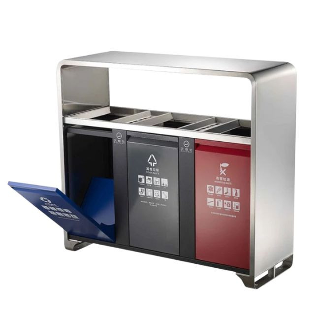 Thùng rác 3 ngăn thép sơn tĩnh điện với thiết kế chắc chắn, màu sắc hiện đại, góp phần vào quản lý rác bền vững.
