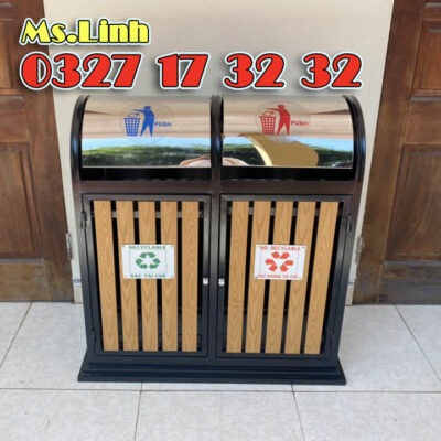 Thùng rác công viên 2 ngăn giả gỗ tiện lợi