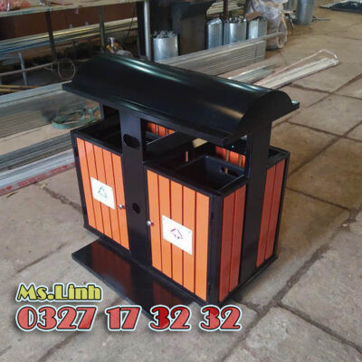 Thùng rác công viên 2 ngăn kết hợp thép và gỗ tự nhiên