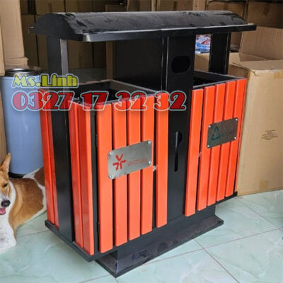 Thùng rác công viên đôi giả gỗ 2 ngăn sang trọng