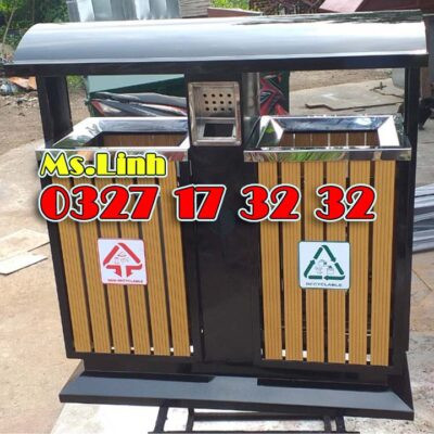 Thùng rác công viên giả gỗ 2 ngăn tích hợp gạt tàn