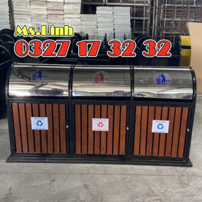 Thùng rác công viên giả gỗ kết hợp thép 3 ngăn đẹp mắt